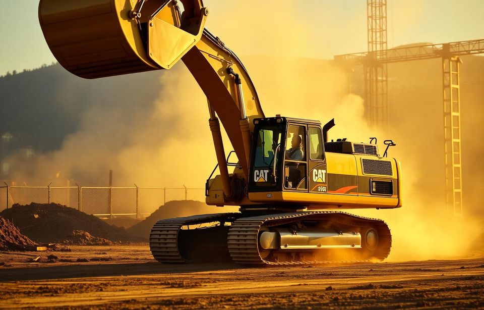 Caterpillar excavator on a California job site at golden hour
