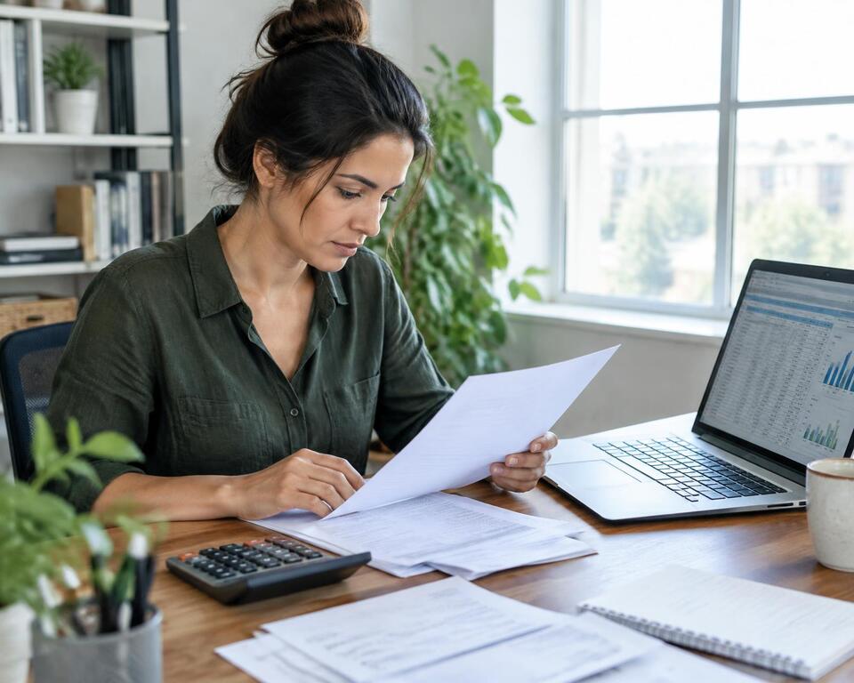 Business owner reviewing unpaid invoices at a desk