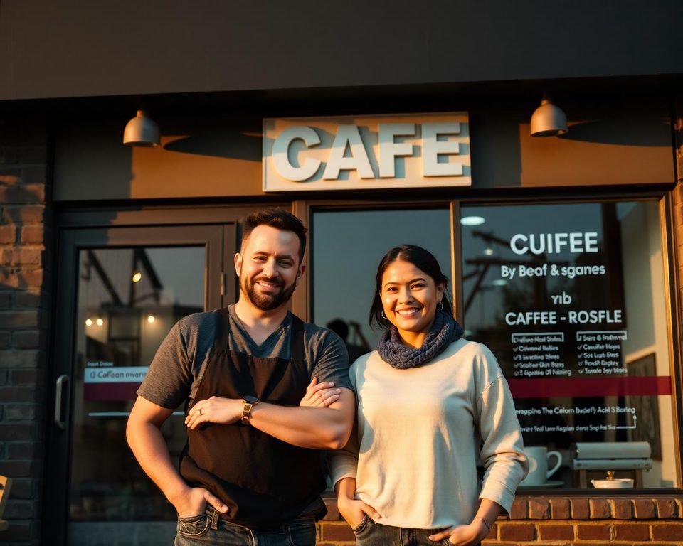 Small business owners outside their storefront