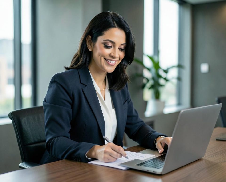 Female executive reviewing bank term loan paperwork at her desk